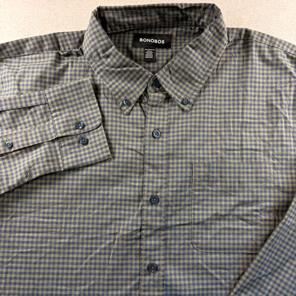 Bonobos Mens XXL Button Down Shirt Navy Olive Green Gingham Long Sleeve Stretch